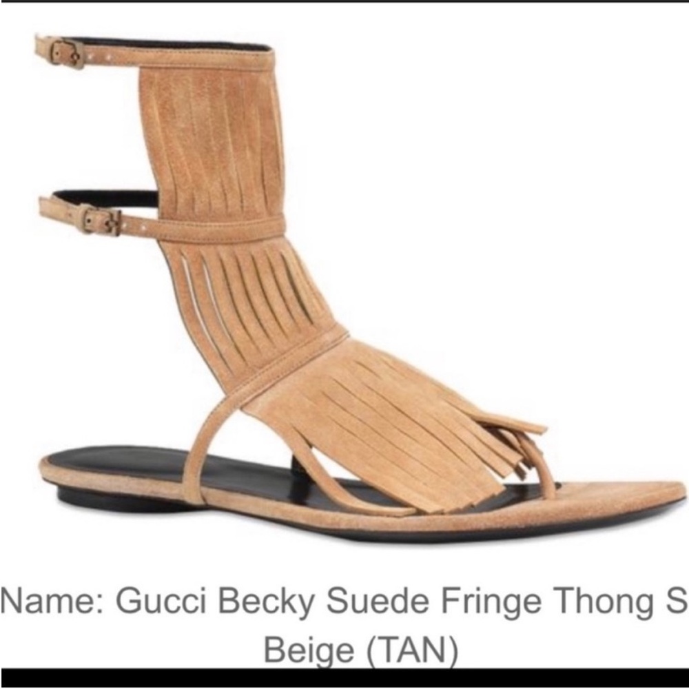 GUCCI Becky Suede Fringe Thong
Sandals in Tan Color 9